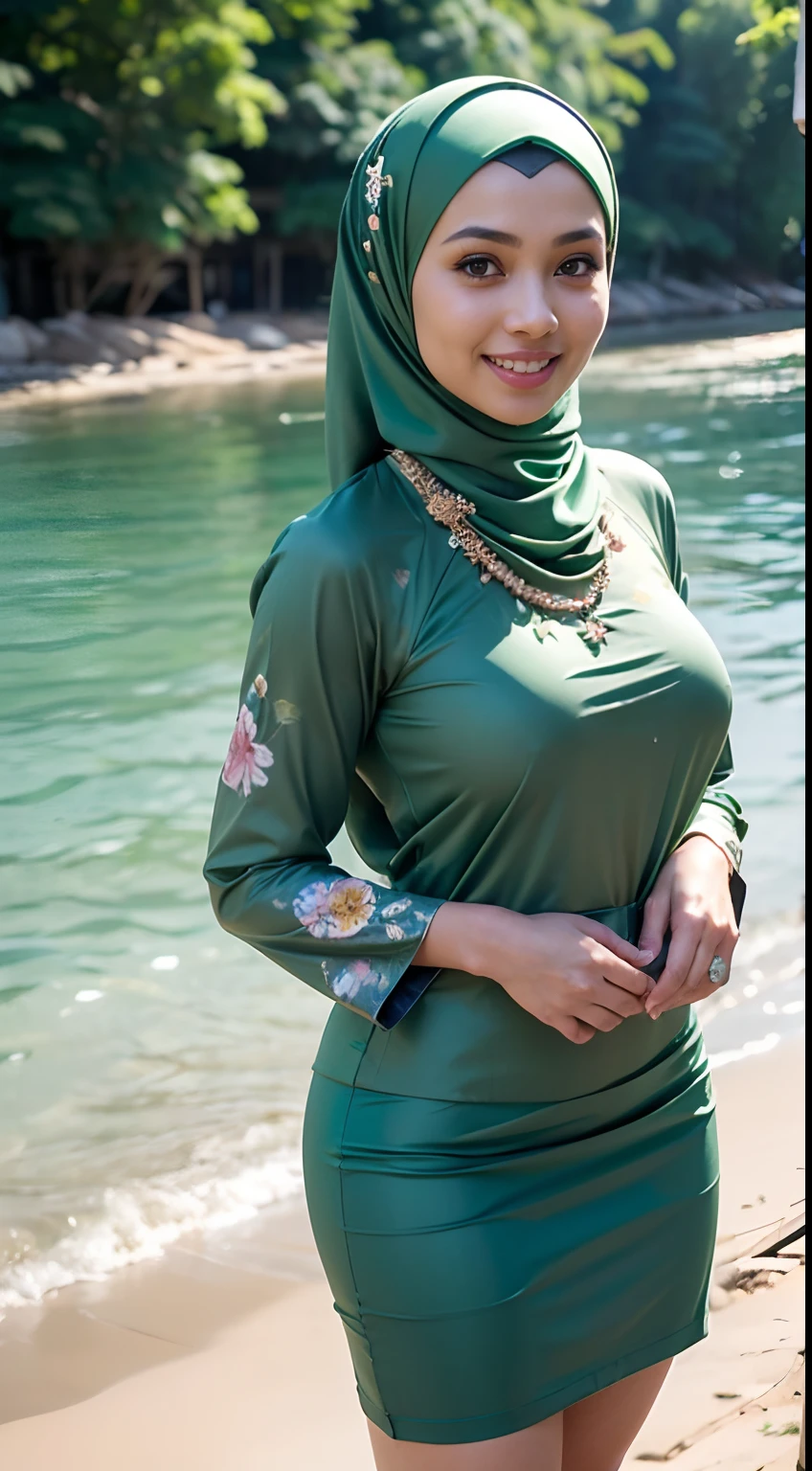 RAW, Best quality, high resolution, Masterpiece: 1.3), Beautiful Malay woman in hijab, Masterpiece, Perfect slim body, Beautiful big eyes, watery eyes, Soft smile, wet lips, big breast, ((wearing a tight green Malay shirt with floral motifs, batik, with a closed hijab)), a simple diamond necklace, ((closed clothes), ((modest clothes)),((wearing a mini loose pliskit skirt that reaches her ankles, green sundres ),((full body:1.2))smilling, windy, skin details, skin texture details, thick thighs, sexy body, morning time, smiling, happy, bright sunlight,seashore,blurred background, bokeh