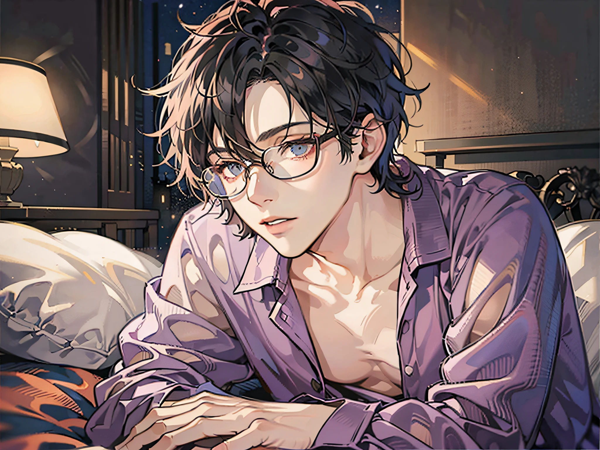 masutepiece, Best Quality, Boy in pajamas lying on bed, Solo, Short hair, finely eye and detailed face, Dark midnight background, Dimly lit bedroom, Glasses, resting on a pillow, Head on pillow, From Side, look at viewr, full-body view,Dynamic Angle,Long hairstyle