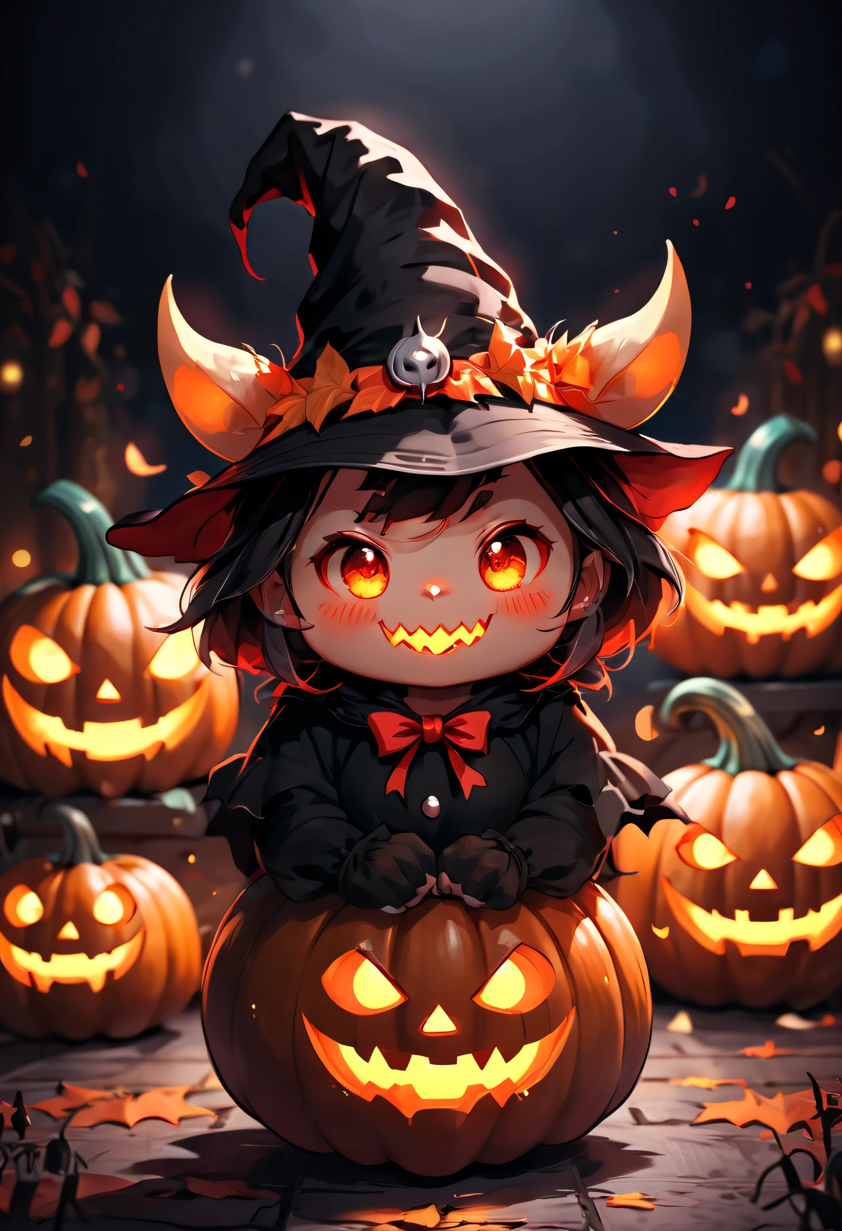 Halloween pumpkin, Master works, The best picture quality, Higher quality, Super high resolution, 8K resolution, High detail, first person perspective, Fresh illustration style, Cute, cute happy, Pumpkin head set, Wonderful magic hat, small demonic horns, flash lights, black and red, Night background