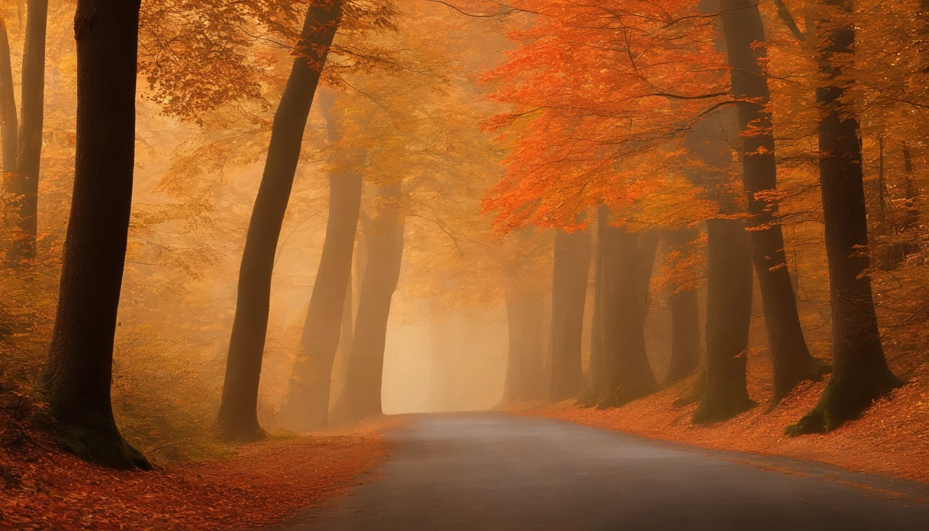 A serene autumn landscape with a Forest of maple trees with leaves in vibrant shades of orange, vermelho, e amarelo. medium: FotograFia. Estilo: inspirado nas obras de Ansel Adams, capturando a grandeza da natureza. The lighting: macio, Golden Hour Sunlight Filtering through the trees. Cores: Paleta outonal quente com vermelhos proFundos, laranjas queimadas, e amarelos dourados. compositing: Capturado com uma Canon EOS R5, usando um RF 24-70mm F2.8 L e USM Lente, Resolution 45 megapixels, ISO 100, Velocidade do obturador 1/125 segundos, F/Abertura 8. ProFundidade de campo para Focar no primeiro plano enquanto desFoca ligeiramente o plano de Fundo. --AR 16:9 --V 5.1 --estilo cru --q 2 --s 750