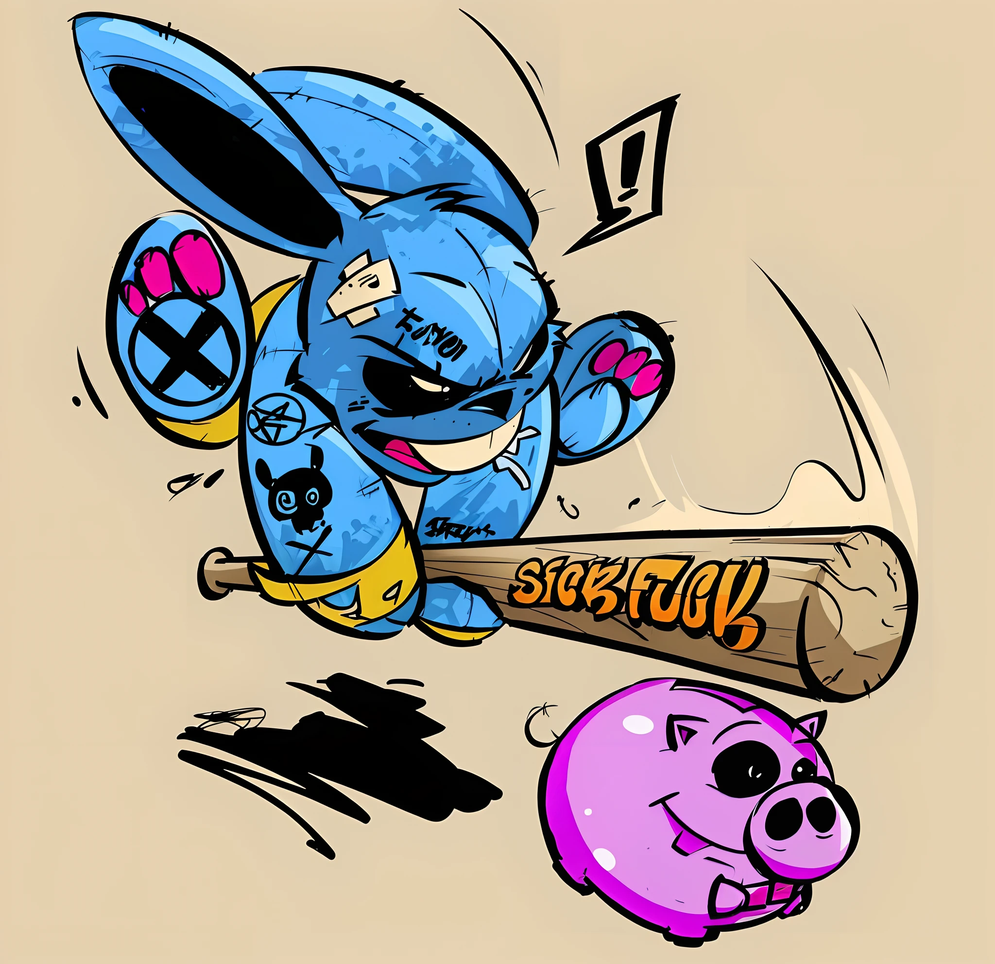 Cartoon drawing of a blue rabbit, Hitting a baseball with a bat, Bannipunk, [ conceptual art ]!!, digitally colored, hurt, vector art, From the Miami Hotline, inspired by Shūbun Tenshō, based on Kanbun Master, Anthropomorphic warrior pig, official fan art, sticky tar. Concept art, SUPERFICIAL, Look at the horror