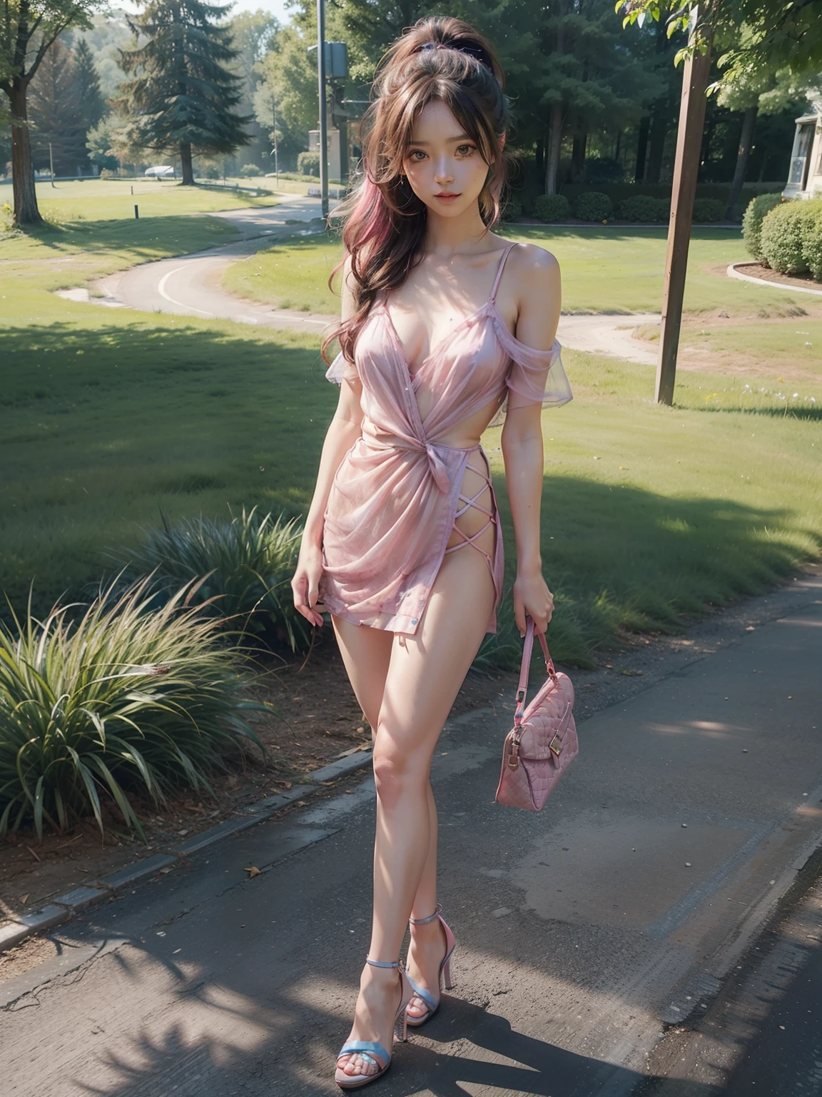 18 years old, very small head)), Daylight, sunlight, (perfect body: 1.1), (short wavy hair: 1.2), dark brown hair, (Pink and blue mesh hair, Fine mesh), (Photo standing full body front view), (silk pink mini dress), (high heels shoes), (sweat), (in the park), (highly detailed 8k CG wallpaper), (extremely delicate and beautiful), (Masterpiece), (Best quality: 1.0), (超 high resolution: 1.0), (realistic), Beautiful lightning bolts, Perfect lightning bolts, Realistic shadows, (High resolution), Detailed skin, Ultra detailed, slim body), ( beautiful hair), real hair, detailed hair, (high ponytail), slim collarbone, beautiful breasts, blush, photorealistic, realistic face, realistic eyes, small eyes, cute smile, ( ((colored))), (eyeliner) , (mascara), (eyeshadow), (NSFW), (full body front photo standing in high heels)