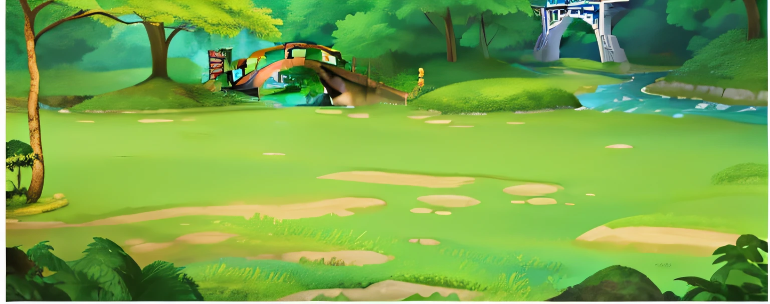 Cartoon scene of green forest with river and bridge, arte de fundo, elf forest background,