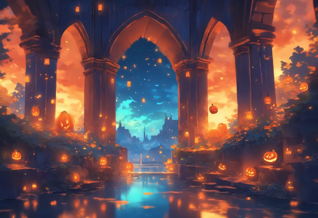 Halloween floating lights, cinematic light and reflections, Glowing lights, Intermediate metaverse elements,Digital painting, glowing reflections, Pondering, Halloween Jack Lantern, calm evening, Digital illustration, Beautiful atmosphere, Skylight at night, Peaceful evening atmosphere, Jack-o'-lantern, Halloween, the night, themoon, game scenes, Halloween, Surrounded by clouds, Architecture of medieval Europe, glazed tiles, European Union, Gorgeous colors, There are three arches in the foreground((Color ink)), ( (Splash ink ) ), ((Splash ink) Inky})), tmasterpiece, high qulity, Beautiful graphics, high detal,Magnificent