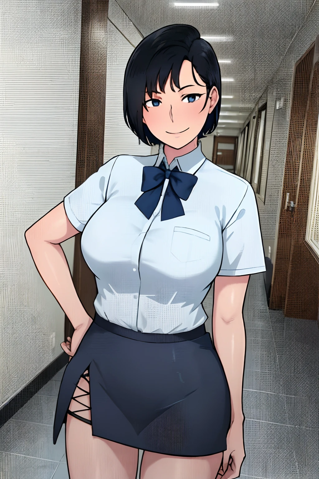 NTRman, masterpiece, best quality, 1girl, solo, teenage female, short black hair, spiky hairstyle, blue eyes, healthy complexion, large breasts, toned arms, flat stomach, skinny waist, wide hips, boyish smile, hands on hips, white short sleeved dress shirt, dark blue bow tie, dark blue skirt, school hallway background