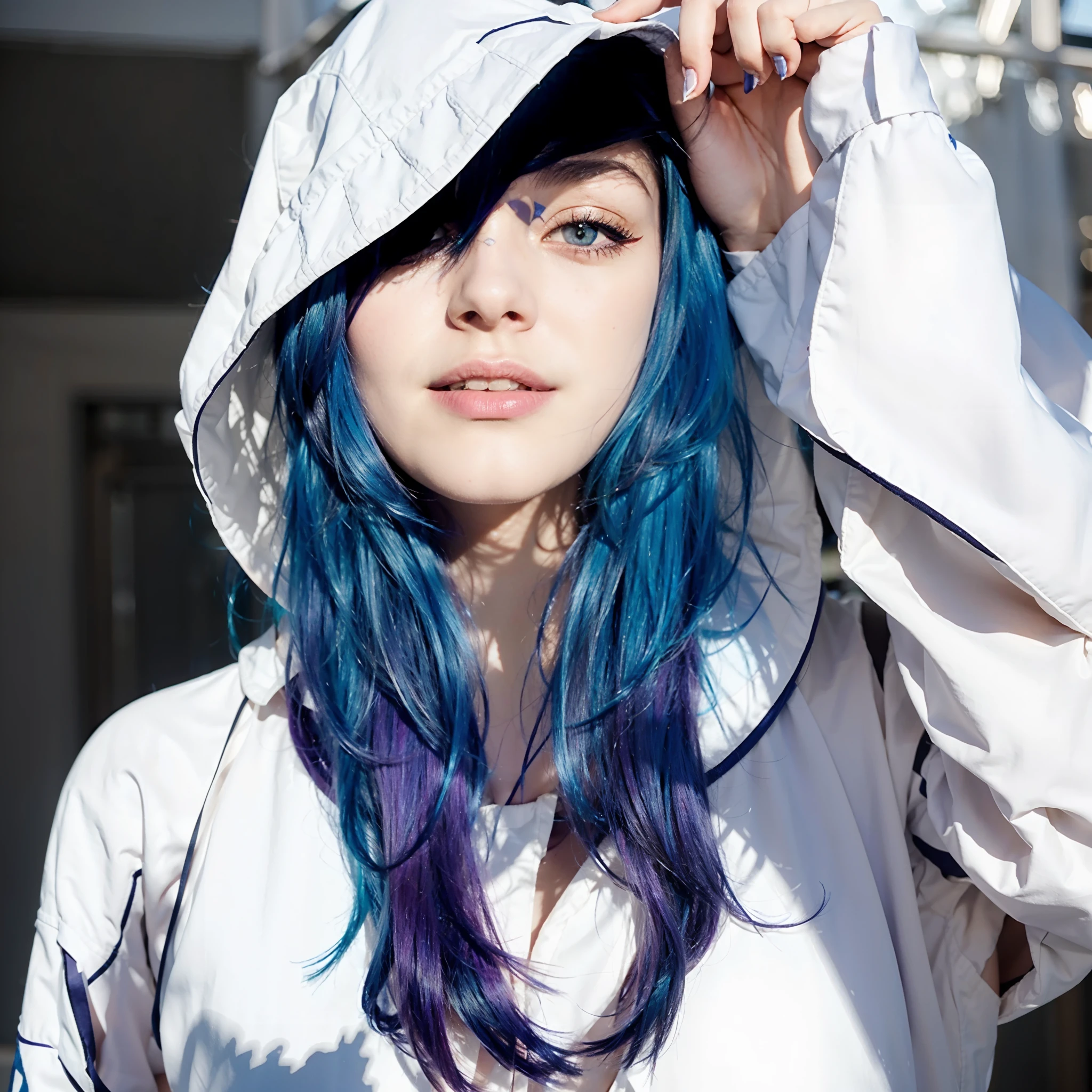 a woman wearing white jacket, inked and colored, realistic, black shadow, beautiful blue haired girl, girl with blue hair, high quality, blue hair, mix hair, purple hair, full body, (photorealistic:1.4), raw photo, 1girl, looking_at_viewer, makeup, solo, light smile,shadows, contrast, analog style (look at viewer:1.2) (skin texture) (film grain:1.3), (warm hue, warm tone:1.2), close up, cinematic light, sidelighting, ultra high res, best shadow, RAW, RAW photo, a 22-year-old, lipstick, soft lighting, high quality, ((soft lighting:1.4),(pale skin:1.4), highres, sharp focus, extremely detailed, (spotlight), stage, beautiful detailed eyes, masterpiece, cinematic lighting, dslr, Fujifilm XT3,