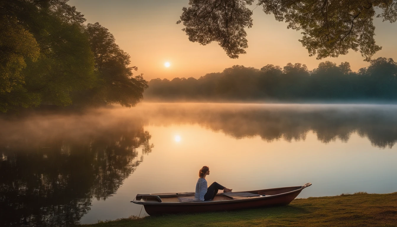 Photography capturing a peaceful morning by a still lake, where a woman reclines against a tree, headphones on, lost in the lofi beats. The gentle mist rises from the surface, and the water reflects the colors of the awakening sky.