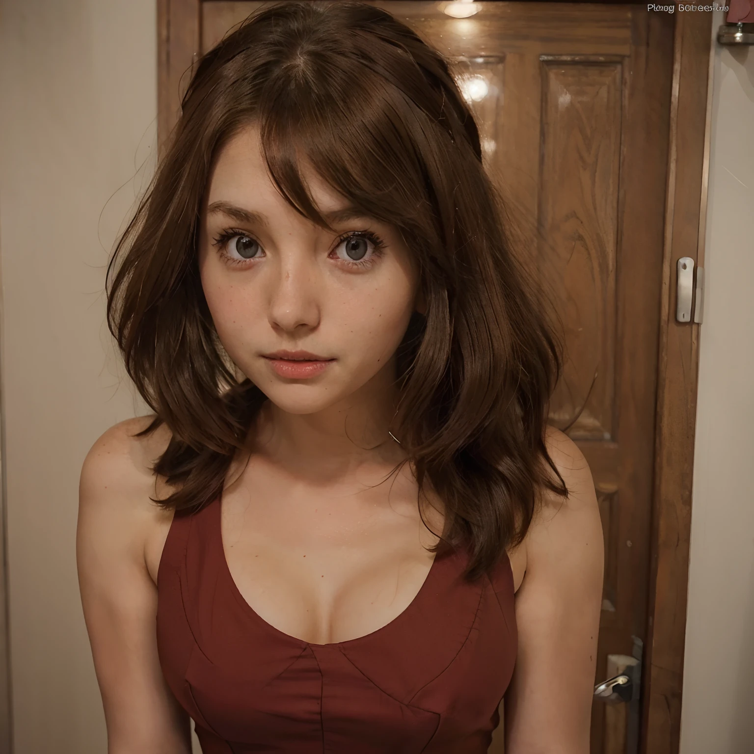 A girl with Cute face,red dress, brown hair,sexy look.