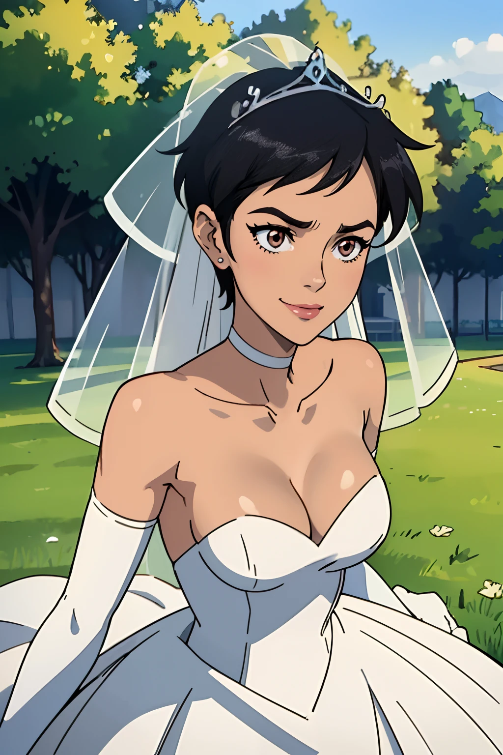 lois lane (my adventures with superman) ,hair between eyes, ahoge, black hair, brown eyes, short hair, star \(symbol\), hair ornament, dress, cleavage, bare shoulders, collarbone, long white elbow gloves, white gloves, white dress, white choker, strapless, tiara, veil, strapless dress, wedding dress, bridal veil, beautiful woman, perfect body, perfect breasts, wearing a wedding dress, ball gown, in the park trees, wedding decorations, a in love smile, realism, masterpiece, textured skin, super detail, high detail, high quality, best quality, 1080p, 16k