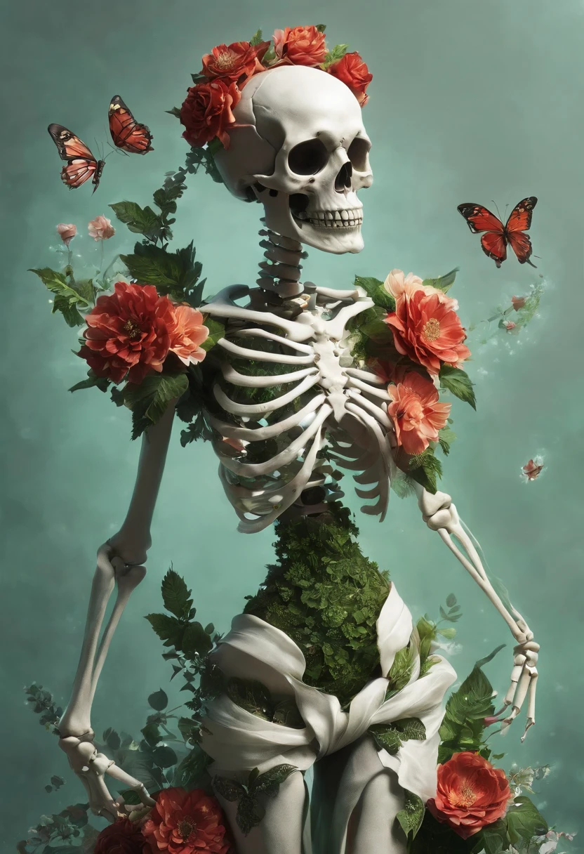 full body,grey background,(broken face:1.2),((white and red)),dissect,skeleton, skin,bone,rib,growth,leaf,tree branch on head,branch, fractal,DNA,spiral,butterfly,branch arm,branch legs