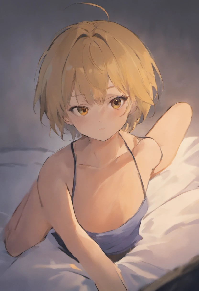A young boy with,morning、onbed、Lose one's temper,short detailed hair,Tank top shorts