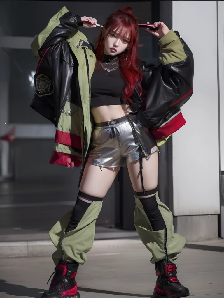 Silver Shorts、Young woman in cyberpunk fashion、Good Style、Red-haired、、、Idol face、large full breasts、Cyberpunk Military Jacket