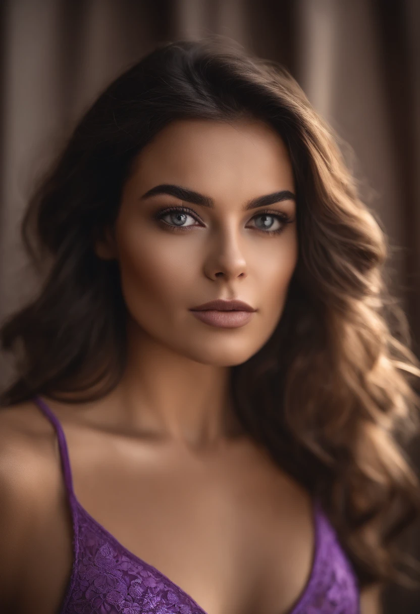 Arafed woman completely , fille aux yeux bruns, ultra realist, Meticulously detailed, portrait , cheveux bruns et grands yeux, selfie of a young woman, Dubai Eyes, Violet Myers, sans maquillage, maquillage naturel, looking straight at camera, Visage avec Artgram, Maquillage subtil, Great photo of the whole body kneeling on the bed, dans la chambre, Medium to large bust, Round face, stretched eyes and wavy hair