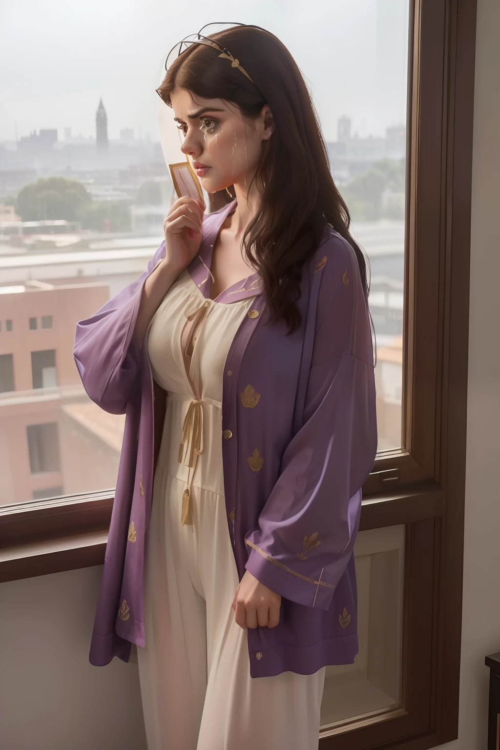 year: 2023. Location: Seville, Spain. Pre-Raphaelite scene with (((Alexandra Daddario))), dark hair, looking out the window, rainy day, pyjammas, sad, (((((crying))))), ((big tears)), ((((Clothing from the 2020s)))) ((Hairstyle of the 2020s)), ((("OMITB" cinematography)))