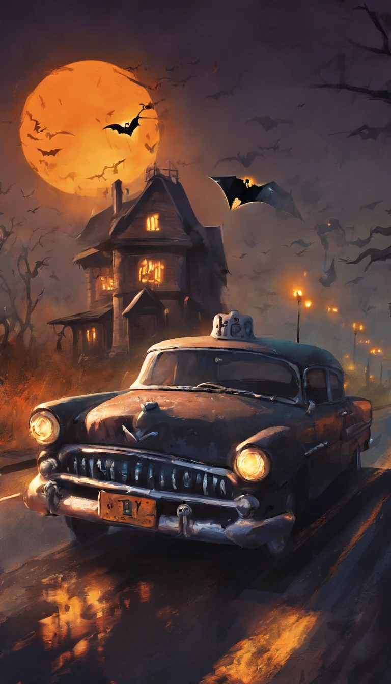 Halloween、fantastique、There is an ordinary car driving on the road