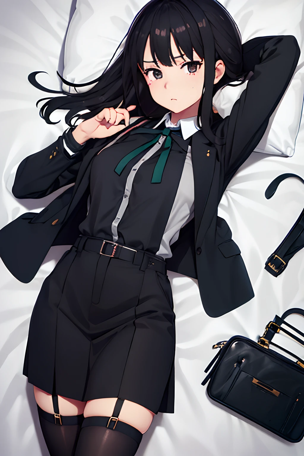 Suit,Collared shirt,Belt bag,Suspenders Black Miniskirt　garterbelts　knee high　Stockings　Black Niso　Colorcon armpit sweat　perspiring　Side of both hands,Black jacket,Gaze,ample bosom,Armpit sweat,Exposing the armpits"Tight clothes、Cuffed、wristbands　Lying in bed