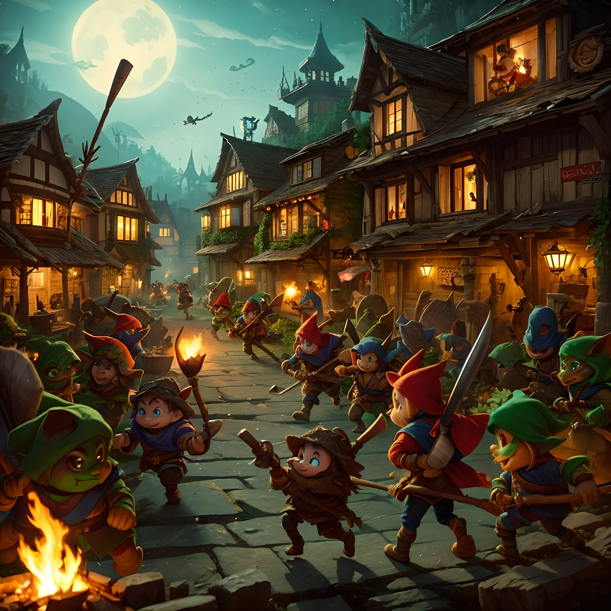 "In the cover of the night, a horde of cunning goblins, armed with crude weapons and carrying torches, swarms into a peaceful village. They ransack homes, grabbing glimmering gemstones and sacks of precious food supplies. Chaos ensues as the villagers try to defend their homes, but the goblins, with their mischievous grins and relentless greed, continue to pillage, leaving the once-tranquil village in ruins."