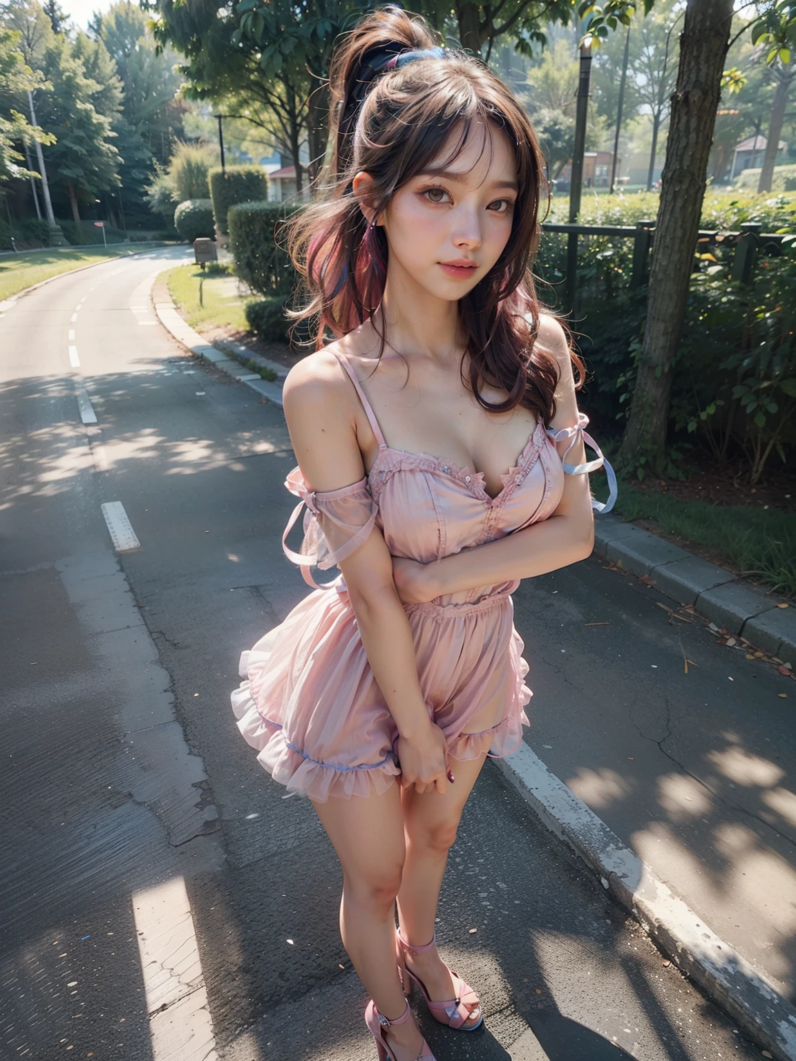((of the highest quality, 8K, masutepiece: 1.3, Raw photo)), Sharp Focus: 1.2, (1 AESPA Girl :1.1), Solo, (Realistic, Photorealistic: 1.37), (Face Focus: 1.1), Cute face, hyperdetailed face, short messy hair, Small Smile, small breasts, flat chest, (chiffon dress camisole: 1.1), standing office room, (show panties:1.2), bloom flower
