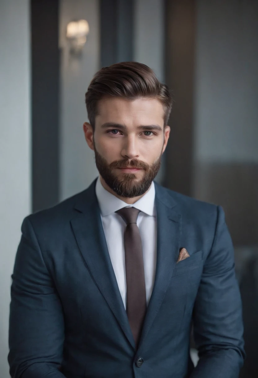 Interesting 30-year-old man in Hugo business suite boss , Beautiful beard , Sexy Male Executive, Terno is therefore, Front camera focus, Portrait mode, Perfectly in front of the camera.