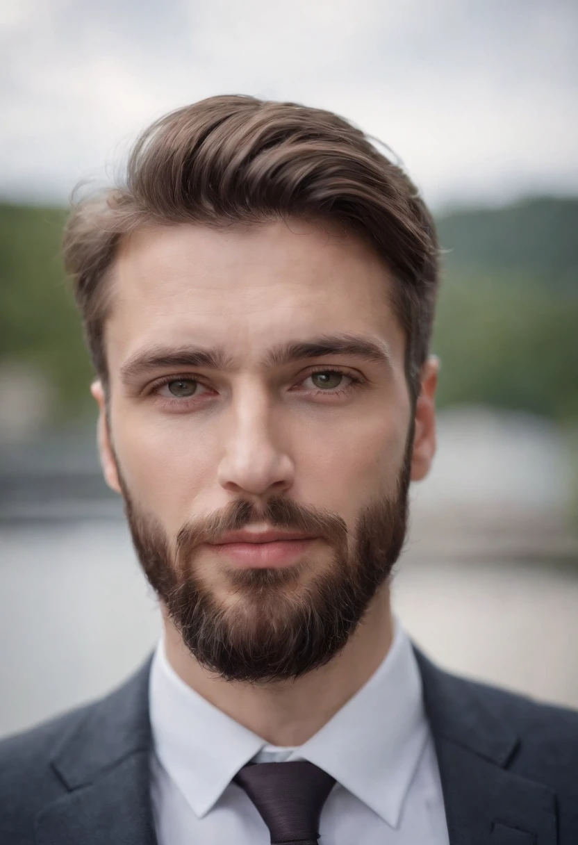 Interesting 30-year-old man in Hugo business suite boss , Beautiful beard , Sexy Male Executive, Terno is therefore, Front camera focus, Portrait mode, Perfectly in front of the camera.
