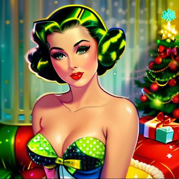 a close up of a woman in a dress sitting in front of a christmas tree, very colorful, pinup art, pinup, pinup girl, comic pinup style, girl pinup, pinup model, pinup pose, pin up girl, pinup body, retro pinup model, pin up, pin - up girl, ( art fitzpatrick ), pin-up, pin - up, vintage pin up