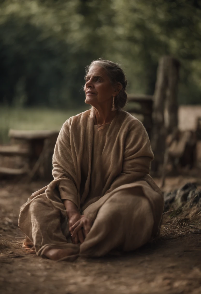 Ruth is a woman and biblical character, Ruth is talking to another older woman, They are people of Israel, They're wearing their old robes., The older woman is sad, Ruth is helping the older woman, They're in a sunny place, are in a spacious place, they are in a place with little vegetation, lighting dramatic, The image is rendered in the highest quality, maximum detail, Maximum lighting quality, maximum detail, imagem realista , Maximum realism, Texture and overall composition, imagem 8k, imagem 16k
