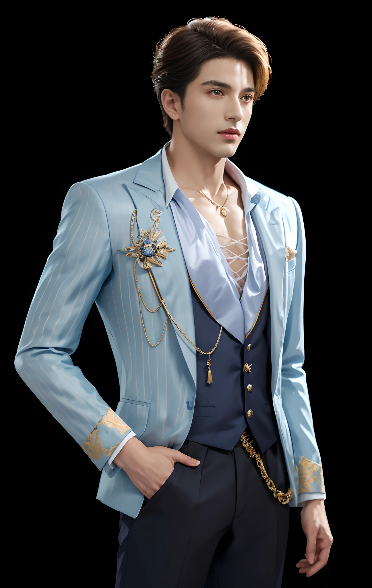 The image of a man in a blue suit, Silk texture blazer, Smooth surface soaked by rain, The exquisite prince, Beautiful prince, highly detailed character, very detailed and rich clothing, dignified aristocrat, highly detailed exquisite fanart,