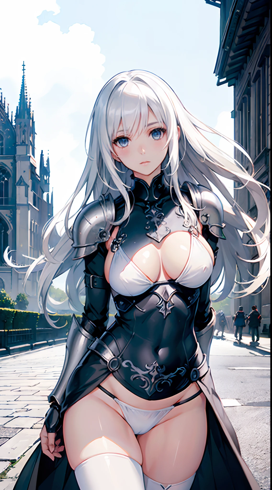 (slanted eye),(Best Quality, 4K, 8K, hight resolution, masutepiece:1.2), Ultra-detailed, (Realistic, Photorealistic, Photorealsitic:1.37), Mature Woman, Adult Woman, notre dame, Dark fantasy landscape,masutepiece, Highest Quality, Ultra-fine,max resolution, Extremely detailed, ((Woman knight, Clean Armor,White bikini armor)),shining beautiful skin,Huge breasts, Blushing,Seductive thighs,Looking up from below,Strong wind is blowing,(white hair),