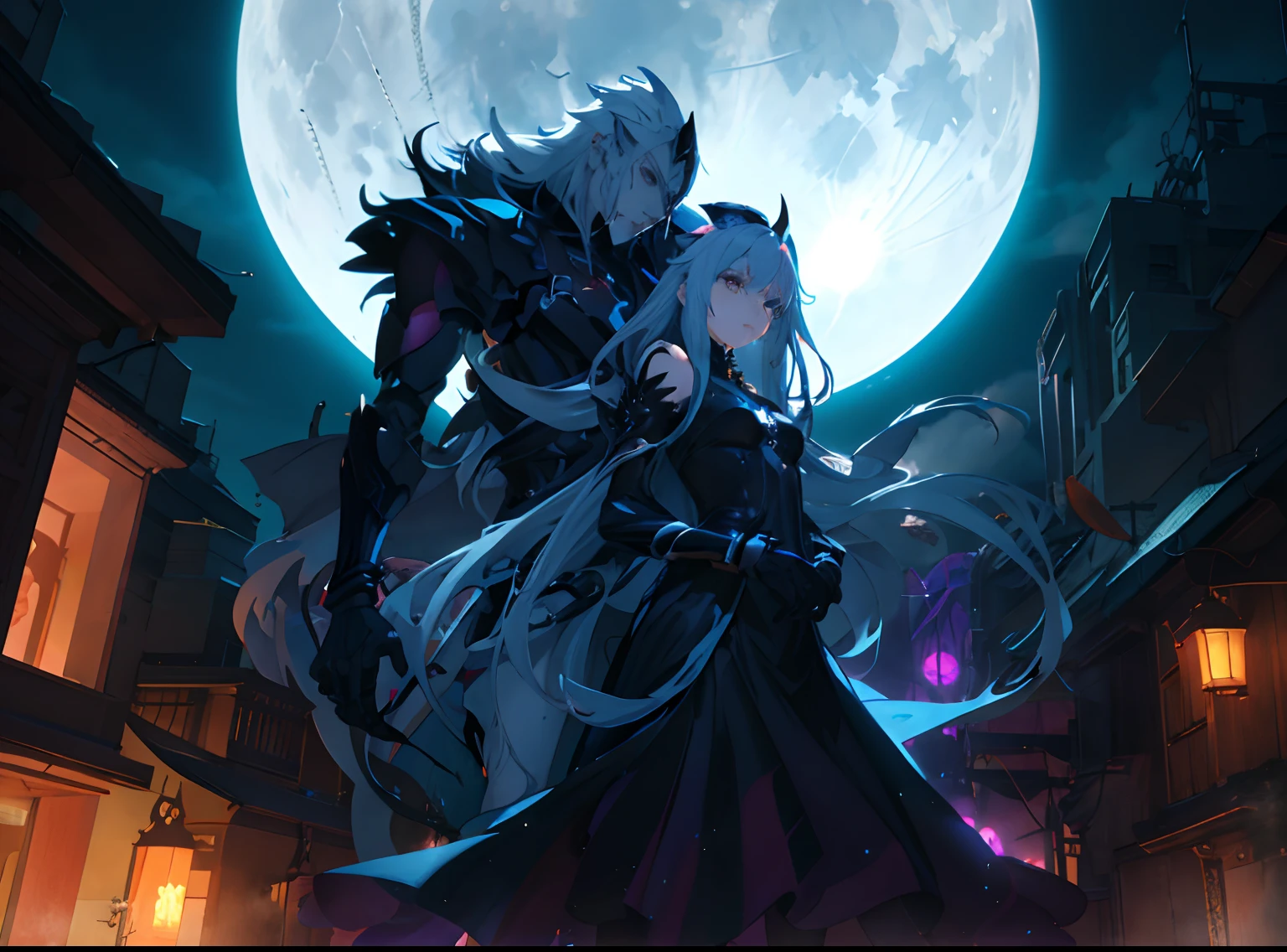 anime couple in front of a full moon, concept art by Shitao, contest winner, fantasy art, 2.5D CGI anime fantasy artwork, anime style 32k, inspired by (Abaddon) and (Magali Villeneuve), anime fantasy artwork, nightcore, best quality