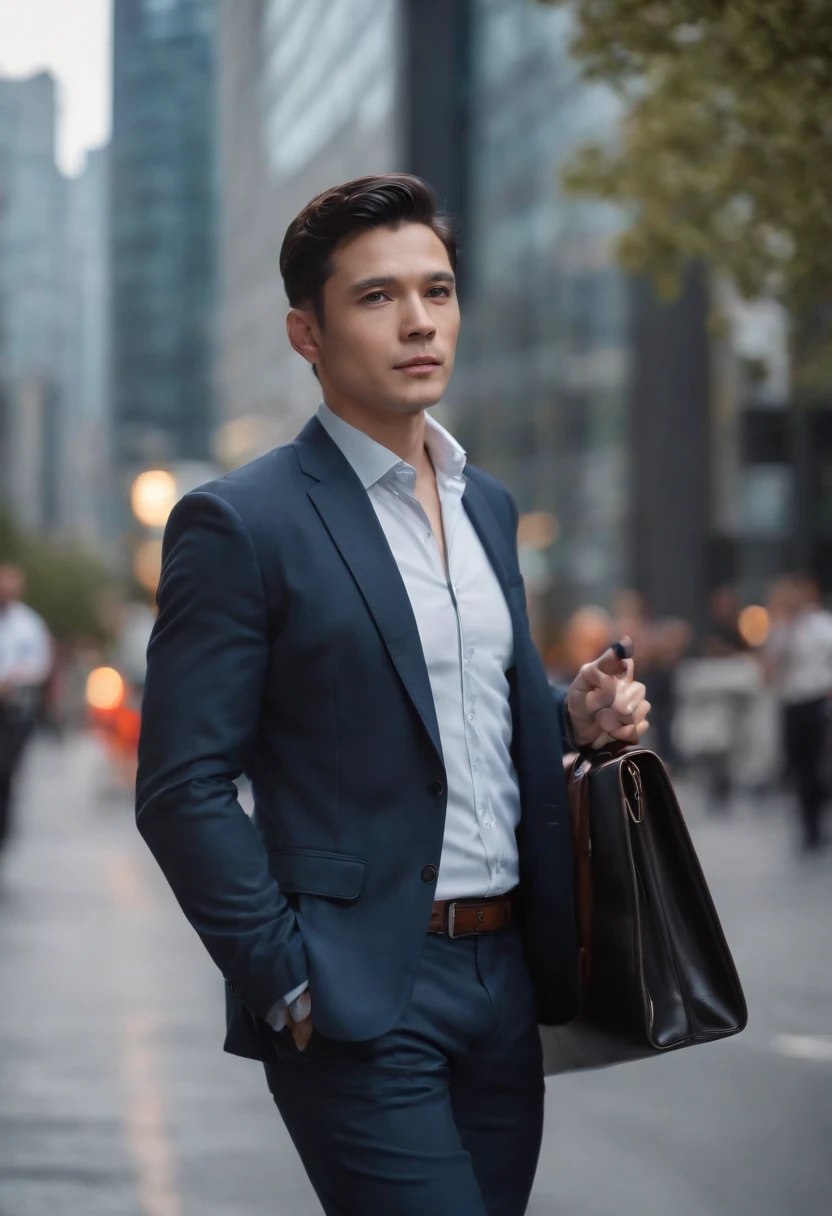 (highres,photorealistic) a businessman walking on the street, short black hair, lean, well-dressed, clear background, dark eyes, urban setting, bustling cityscape, modern skyscrapers, vibrant atmosphere, confident expression, polished shoes, briefcase, bustling crowd, evening time, dynamic pose.