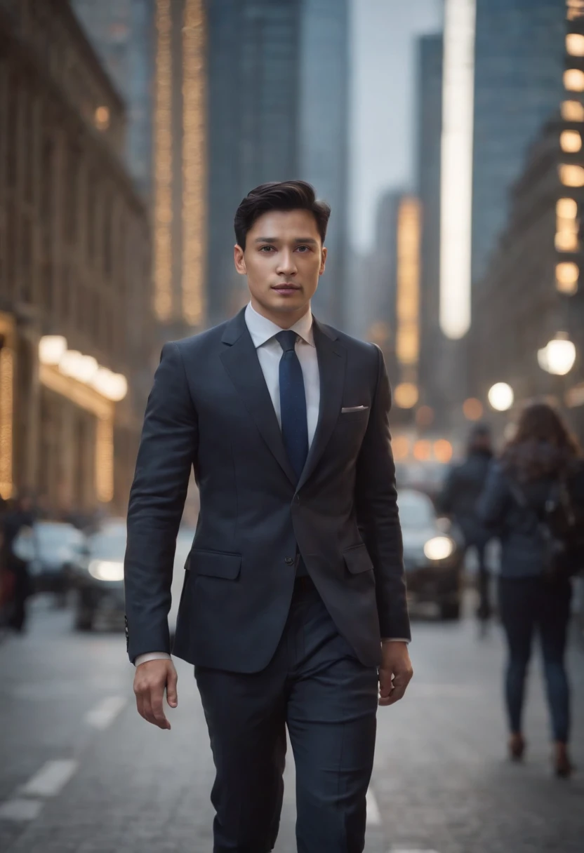 (highres,photorealistic) a businessman walking on the street, short black hair, lean, well-dressed, clear background, dark eyes, urban setting, bustling cityscape, modern skyscrapers, vibrant atmosphere, confident expression, polished shoes, briefcase, bustling crowd, evening time, dynamic pose.