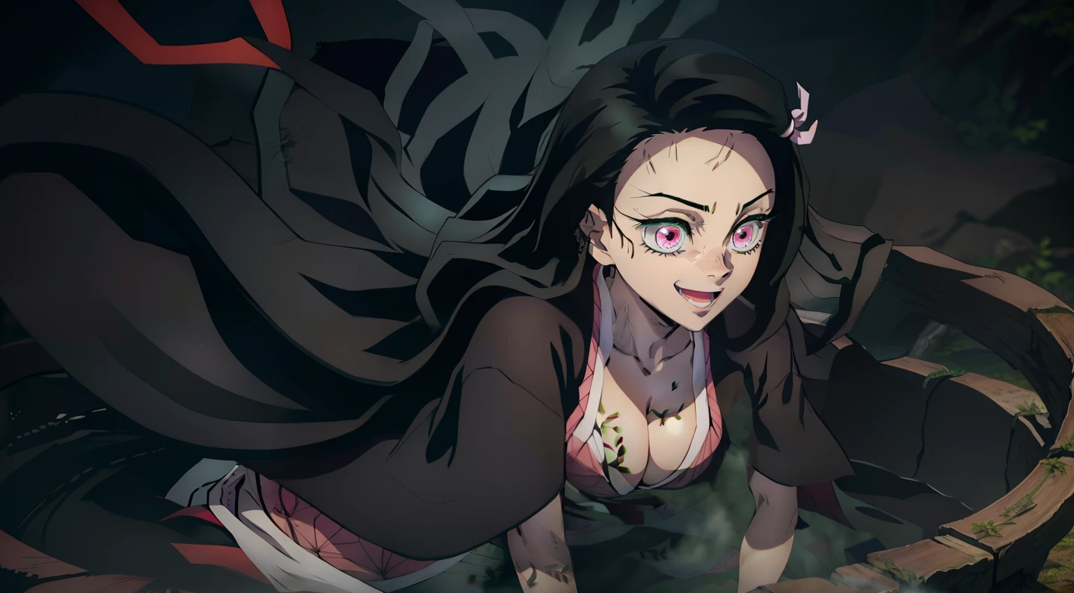 Extraordinarily beautiful composition, can be seen in full growth, ultra sharp image, stands sideways, ultra detail face, Ultra Transparent, Nezuko Kamado from Demon Slayer, ultra sharp image, Ultra Beautiful, beautiful breasts. black hair, Transition to red, Japanese bath, Beautiful figure, taut clothes, black cape on pink kimano, big breastes, Smiling, green colored eyes, handsome body, sexy clothes, Beautiful eyes, very detailed eyes, Very detailed face, handsome body, Cherecter Desing, Sex position, Very detailed, Detailed body, Detailed hands, Detailed, Vibrants, Detailed Face, sharp-focus, WLOP, artgerm, anime art, Vibrants, Detailed Face, Hugh Details, sharp-focus, Very drooping face, A detailed eye, super fine illustration, better shadow, finely detail, Beautiful detail