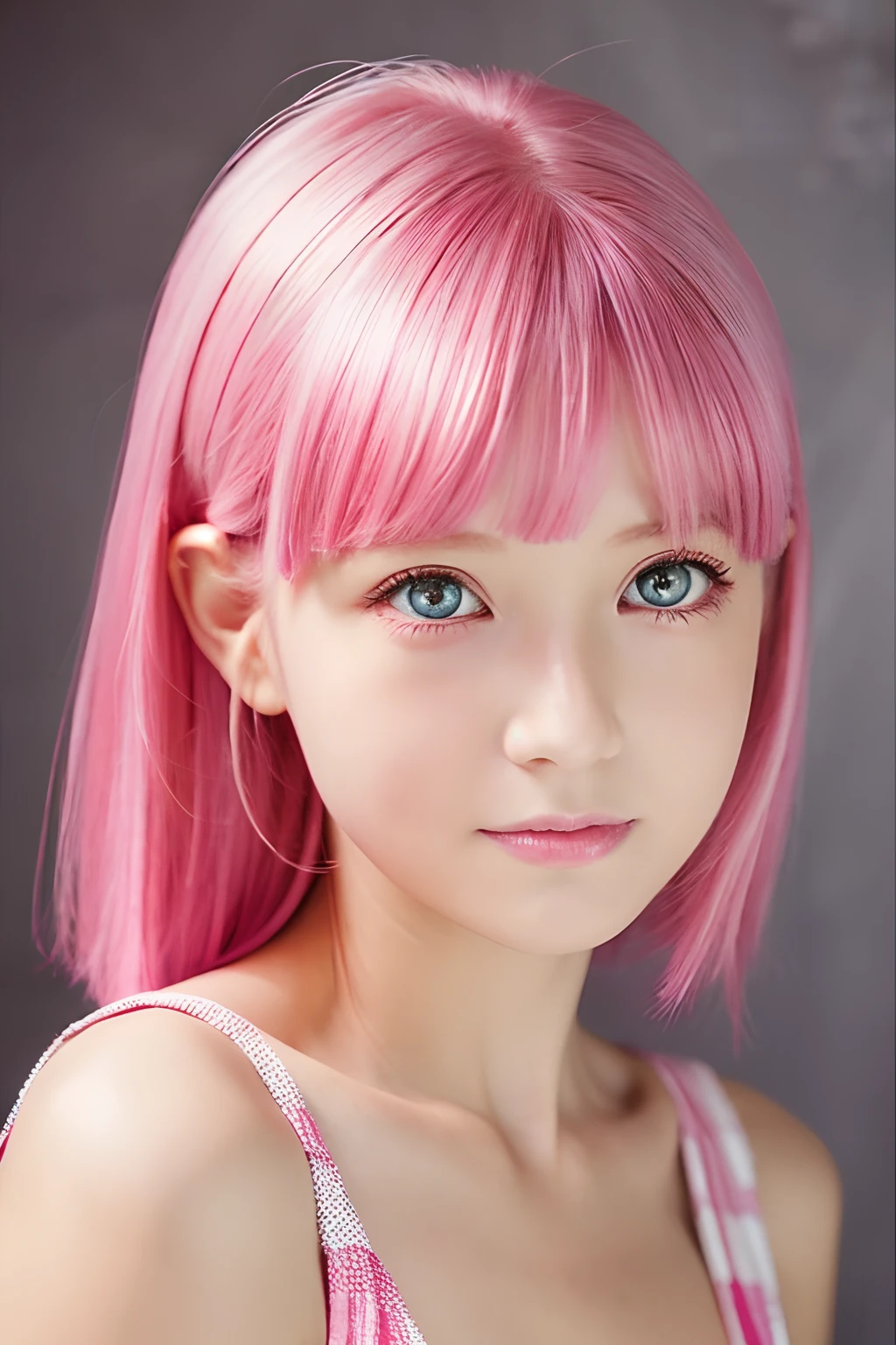 Shocking pink hair cut around the shoulders、She is a woman with crimson eyes.。Her face is more cute than beautiful.。Although the age seems to be around 、I think I'm an adult.。
