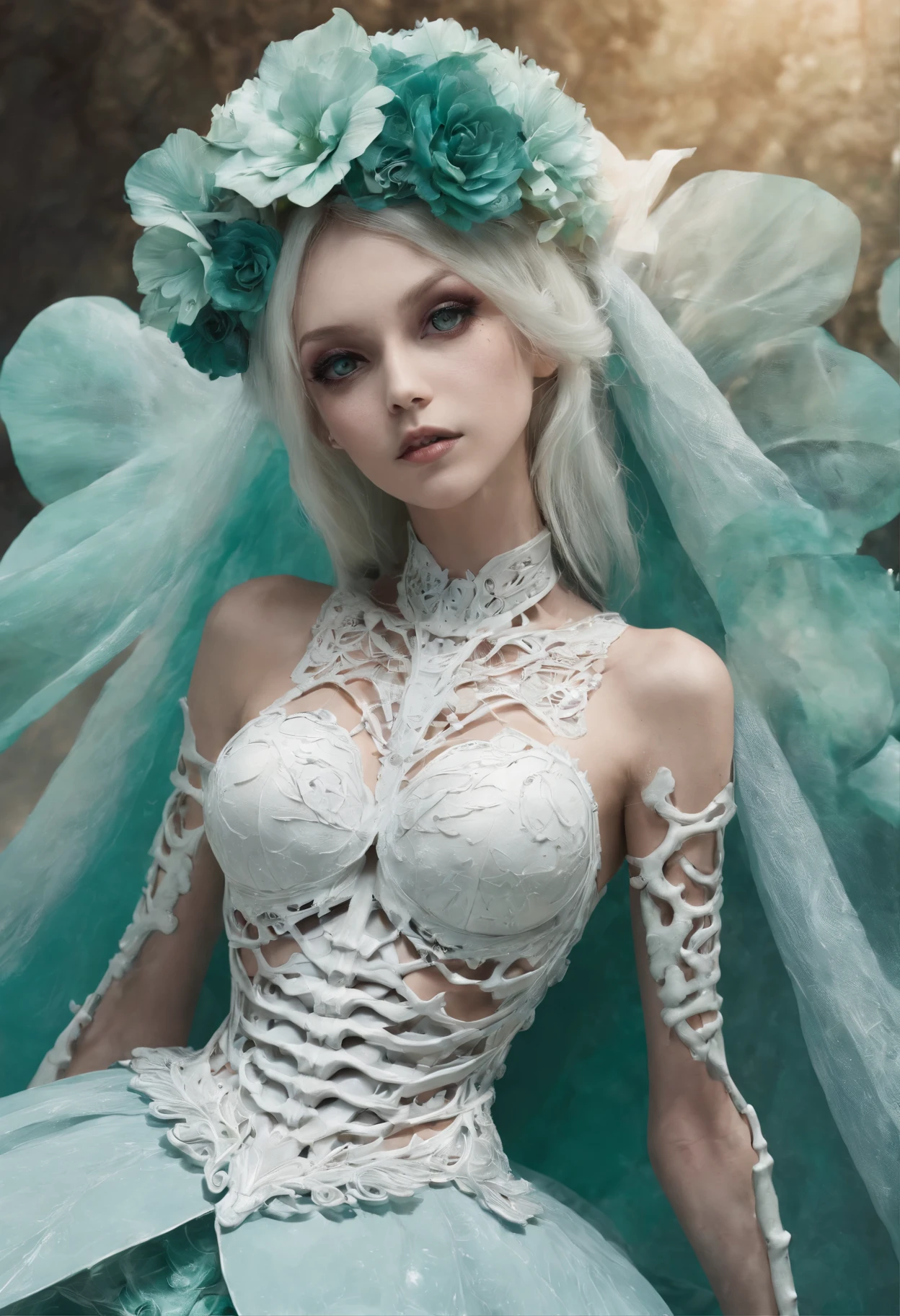 （Male skeleton wearing blue flowers on their heads and female skeleton wearing haute couture wedding dress), ((( Skeleton ))), （Half-body skeleton,）,（Haute couture wedding dress blends perfectly with cutouts：1.37）, Love and death, （Tutu dress：1.1），（flowers grow from the body：1.37）, （Perfect skeletal hands and face：1.37）, skullgirls, ska skeleton and girlfriend,, （Hug pose：1.37）, skull bones flowers, Pedras preciosas，fresh flowers，butterflys，Butterfly,（Emerald gemstone eyes：1.37）
surrealism,Imaginative,Fever-Dream,impossible,Dark fantasy,Bejeweled,Ultra-sharp details
background：Green and red sky planet