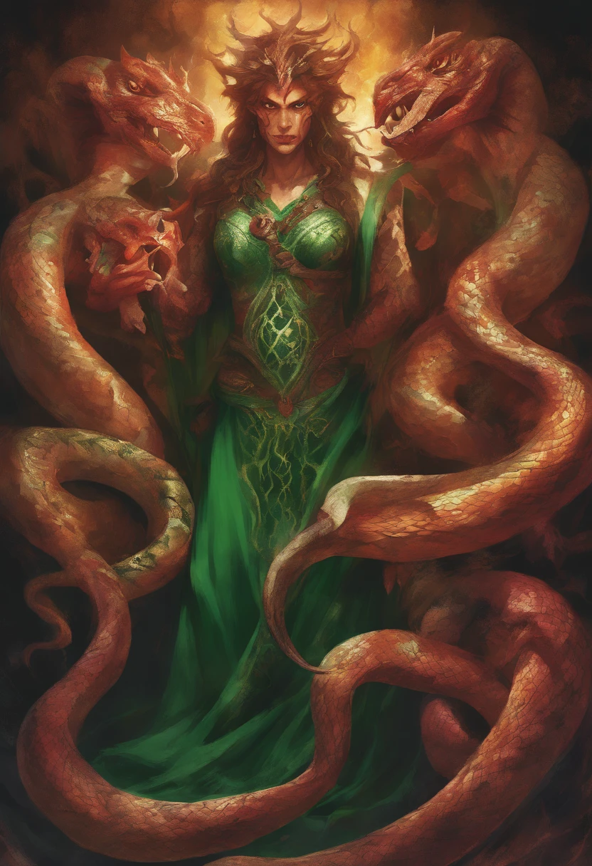 gorgon monster,green glowing eyes,viperous snakes hair,vivid scales,wrathful expression,detail-oriented face,vengeful gaze,dark atmosphere,dramatic lighting,mythological horror,scary concept art,haunting portrait,highres,masterpiece:1.2,ultra-detailed,photorealistic:1.37,vivid colors,emerald green,menacing presence,terrifying beauty,sharp focus,evil in human form,animated snakes,horrifying transformation,stone-cold stare,ethereal glow,dangerous goddess,otherworldly creature,lurking in shadows,sinister serpent,wicked curses,vengeance unleashed,mythical powers,petrifying gaze,poisonous aura,intense rage,cursed figure,unleashing chaos,spellbinding artwork,nightmarish vision,ultra-fine painting