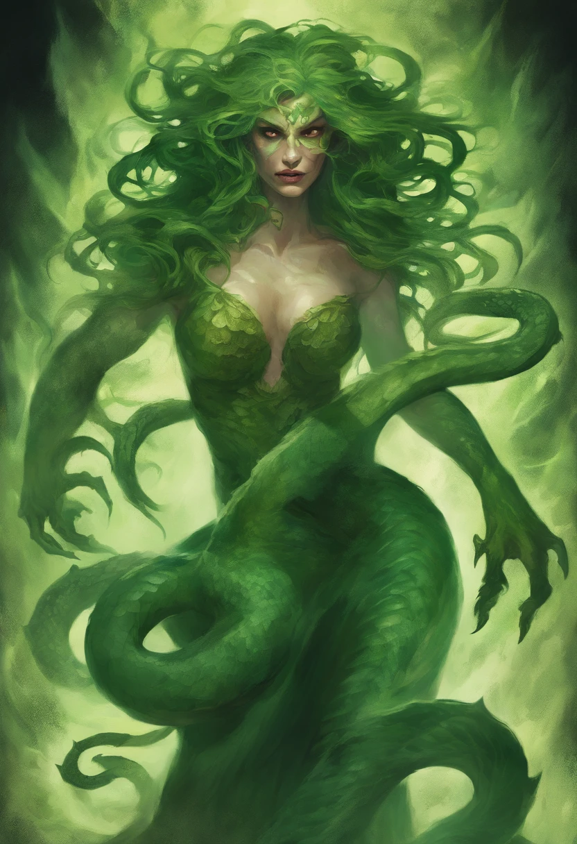 gorgon monster,green glowing eyes,viperous snakes hair,vivid scales,wrathful expression,detail-oriented face,vengeful gaze,dark atmosphere,dramatic lighting,mythological horror,scary concept art,haunting portrait,highres,masterpiece:1.2,ultra-detailed,photorealistic:1.37,vivid colors,emerald green,menacing presence,terrifying beauty,sharp focus,evil in human form,animated snakes,horrifying transformation,stone-cold stare,ethereal glow,dangerous goddess,otherworldly creature,lurking in shadows,sinister serpent,wicked curses,vengeance unleashed,mythical powers,petrifying gaze,poisonous aura,intense rage,cursed figure,unleashing chaos,spellbinding artwork,nightmarish vision,ultra-fine painting