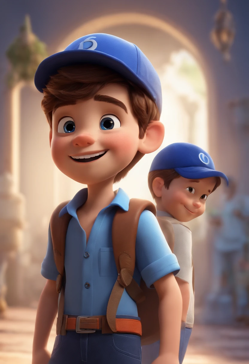 A happy cute boy standing short hair with dark blue cap , vestindo uma camisa azul , , fundo branco, barnet, Tom, Estilo Pixar, ......3d, desenhos animados, rosto detalhado, asymmetrical 16k