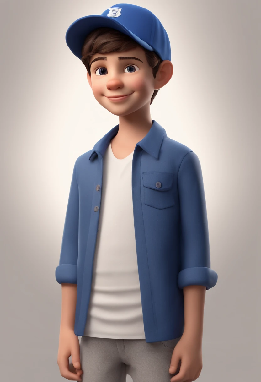 A happy cute boy standing short hair with dark blue cap , vestindo uma camisa azul , , fundo branco, barnet, Tom, Estilo Pixar, ......3d, desenhos animados, rosto detalhado, asymmetrical 16k