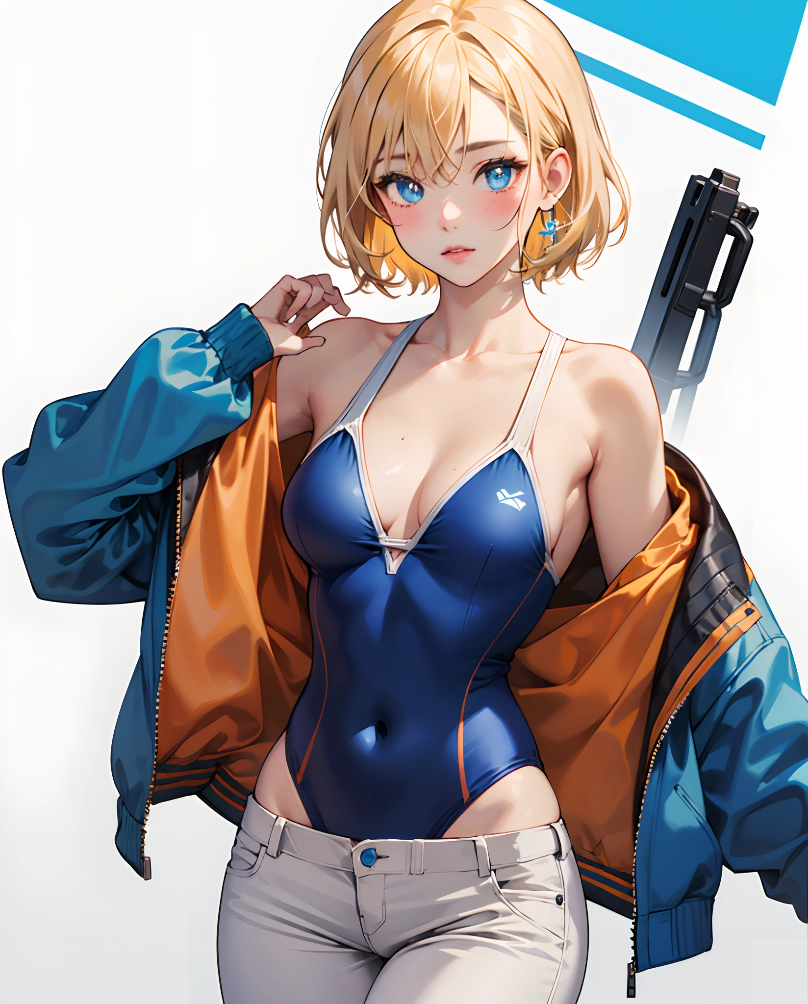 1girls, solo, wattson, masterpiece, highly detailed, blue eyes, detailed eyes, expressive detailed eyes, wide eyed, detailed pupils, blonde hair, short hair, orange jacket, jacket, blue shirt, blue top, blue swimsuit, white pants, blush, plain background