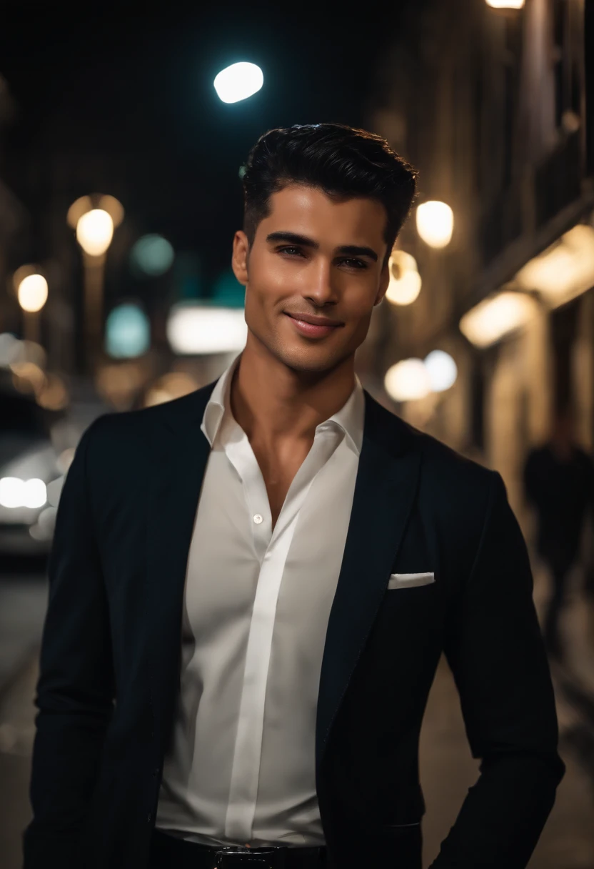 (best quality:1.2, 8k resolution, highres:1.2), (handsome:1.4), white shirt, short black hair, thin face, fair skin, formal attire, (on the street at night:1.4), nighttime, dimly lit, deserted, HD 8k image, masterpiece:1.2, confident smile