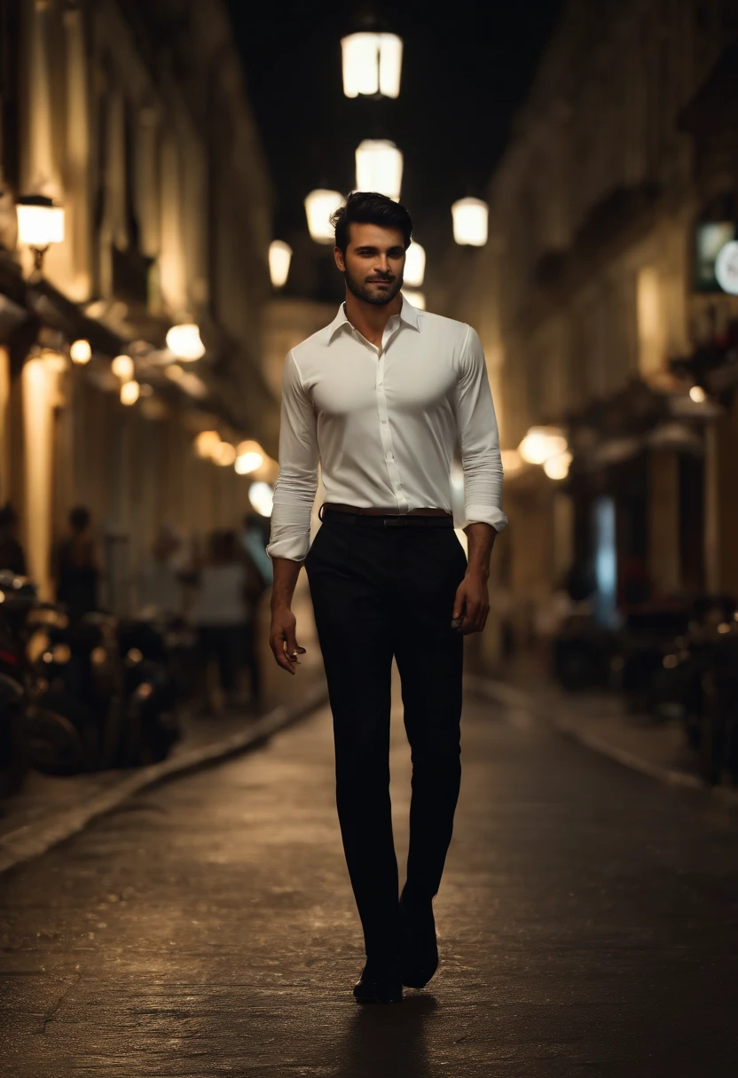 (best quality:1.2, 8k resolution, highres:1.2), (handsome:1.4), white shirt, short black hair, thin face, fair skin, formal attire, (on the street at night:1.4), nighttime, dimly lit, deserted, HD 8k image, masterpiece:1.2, confident smile