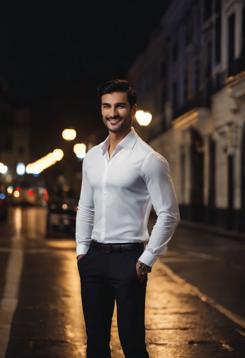 (best quality:1.2, 8k resolution, highres:1.2), (handsome:1.4), white shirt, short black hair, thin face, fair skin, formal attire, (on the street at night:1.4), nighttime, dimly lit, deserted, HD 8k image, masterpiece:1.2, confident smile