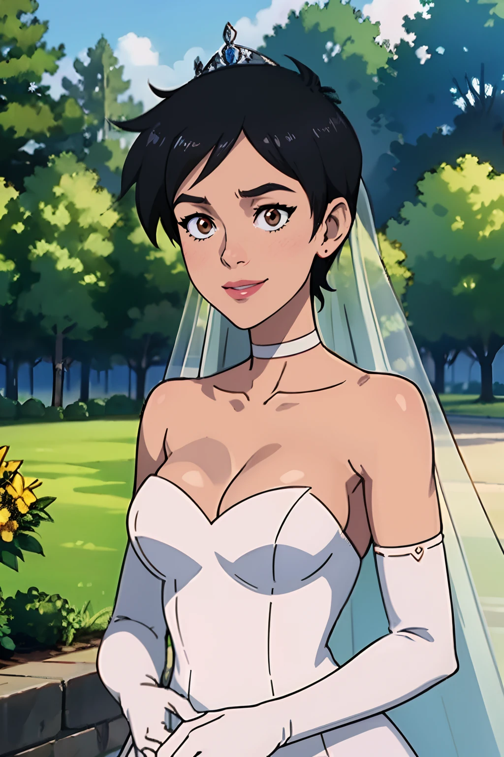 lois lane (my adventures with superman) ,hair between eyes, ahoge, black hair, brown eyes, short hair, star \(symbol\), hair ornament, dress, cleavage, bare shoulders, collarbone, long white elbow gloves, white gloves, white dress, white choker, strapless, tiara, veil, strapless dress, wedding dress, bridal veil, beautiful woman, perfect body, perfect breasts, wearing a wedding dress, ball gown, in the park trees, wedding decorations, a in love smile, realism, masterpiece, textured skin, super detail, high detail, high quality, best quality, 1080p, 16k