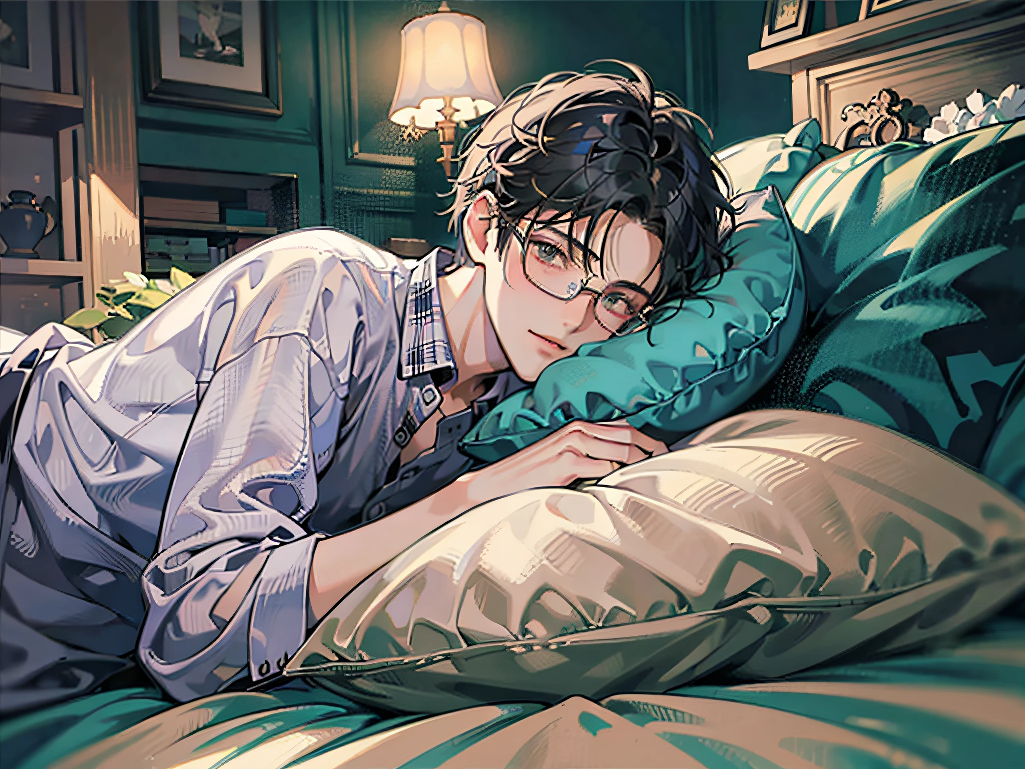 masutepiece, Best Quality, Boy in pajamas lying on bed, Solo, Short hair, finely eye and detailed face, Dark midnight background, Dimly lit bedroom, Glasses, resting on a pillow, Head on pillow, From Side, look at viewr, full-body view,Dynamic Angle,Hairstyle Long