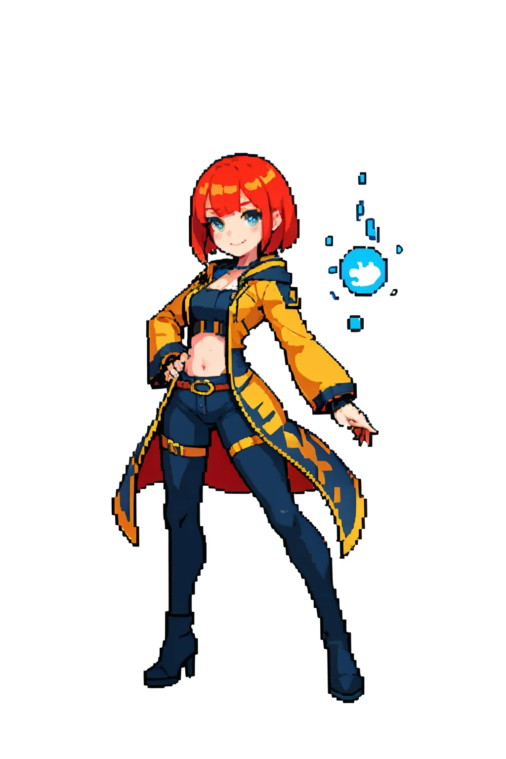 tmasterpiece,top Quority,best qualtiy),pix,pixelart,1girll,full bodyesbian,Orange-red hair,The outerwear is a dark brown trench coat,The underwear is a white bandeau,Showcasing the perfect curved waist,Gold-trimmed waistband,Blue leggings,Black magic boots,A female figure with one hand casting blue magic, Female protagonist ,wide wide shot,dynamicposes,Cast spells,Sexy body shape, roleplaying,Final Fantasy hairstyle,Sharp hairstyle,Hair in swing,There is a smile on the corners of his mouth,Charming eyes,Delicate and Pretty Face,High-quality images, Ultra HD,True human proportions,《last of us》painterly style,"Doomsday wasteland" Theme