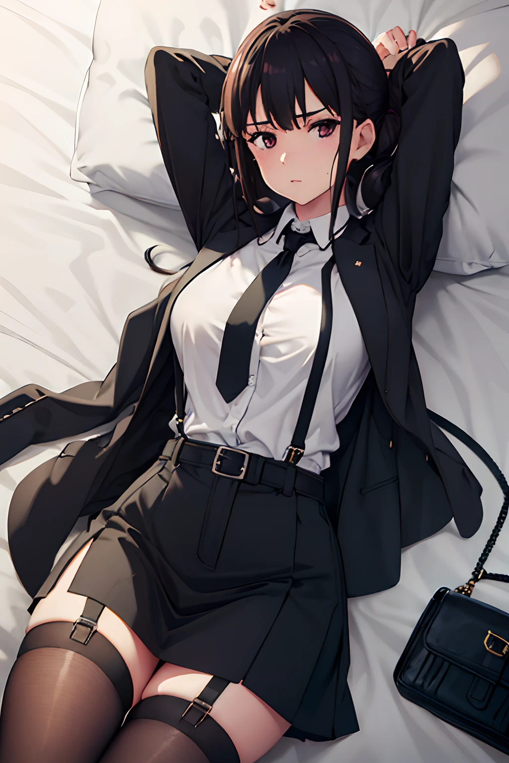 Suit,Collared shirt,Belt bag,Suspenders Black Miniskirt　garterbelts　knee high　Stockings　Black Niso　Colorcon armpit sweat　perspiring　Side of both hands,Black jacket,Gaze,ample bosom,Armpit sweat,Exposing the armpits"Tight clothes、Cuffed、wristbands　Lying in bed