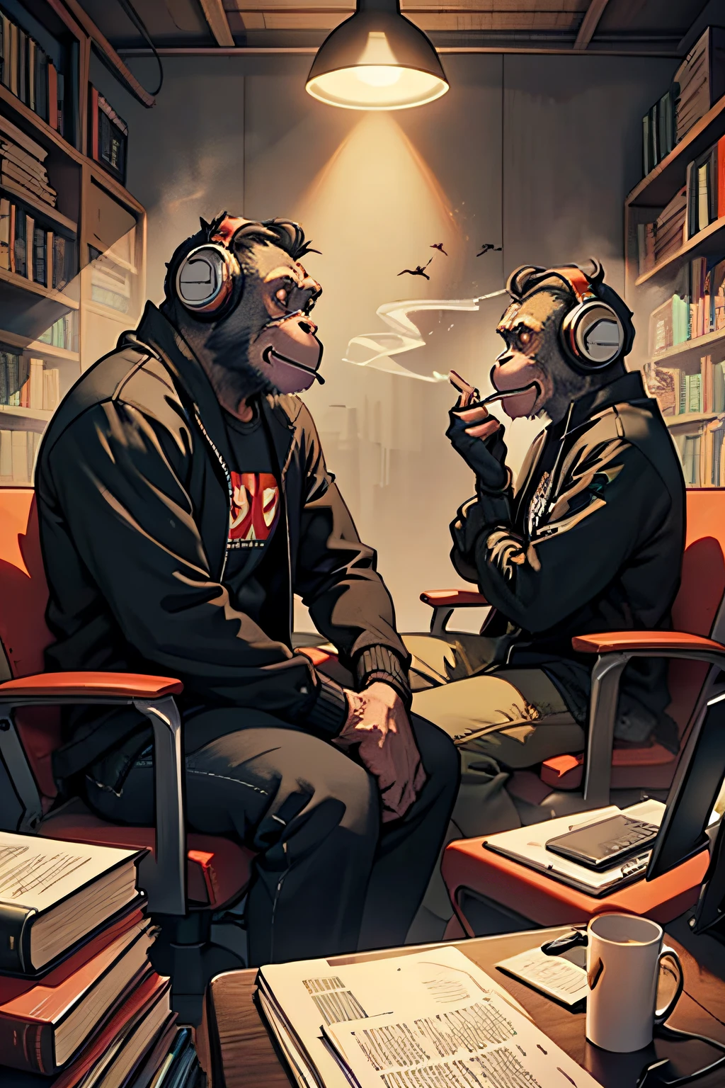 2 badass monkeys sitting in a podcast room, lots of books, headphones, microphones, both smoking joints, lots of smoke, sitting across from each other, 2 monkeys, 2 chimpanzees, one is taller than the other one