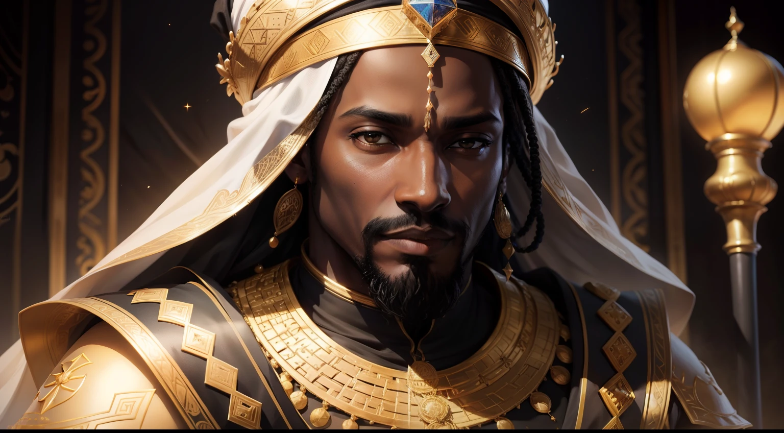 Black King , Mansa Musa, ultrarrealista | |, altamente detalhado, hyper realistic, Perfect artwork, master part, melhor qualidade, alto, layered lighting -- 4K