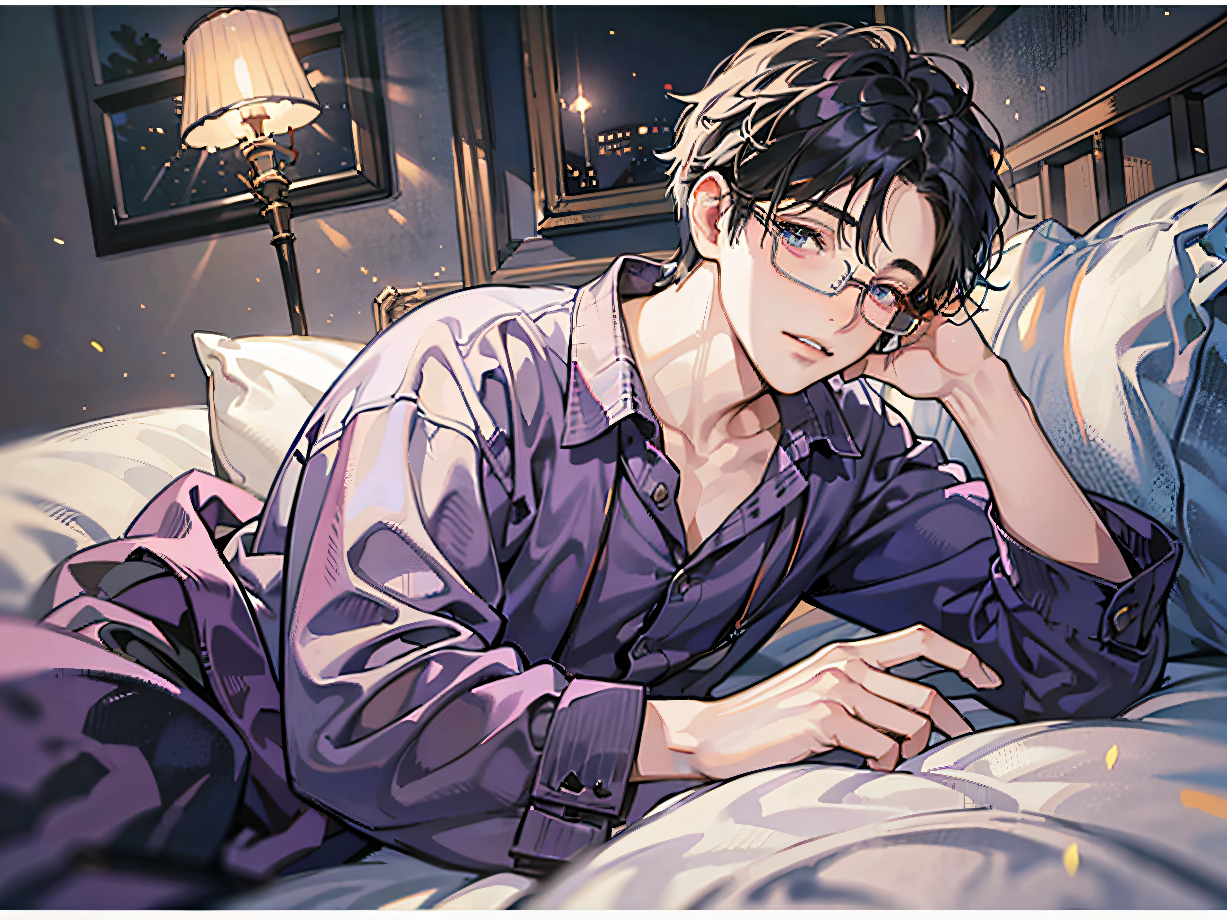 masutepiece, Best Quality, Boy in pajamas lying on bed, Solo, Short hair, finely eye and detailed face, Dark midnight background, Dimly lit bedroom, Glasses, resting on a pillow, Head on pillow, From Side, look at viewr, full-body view,Dynamic Angle,Hairstyle Long
