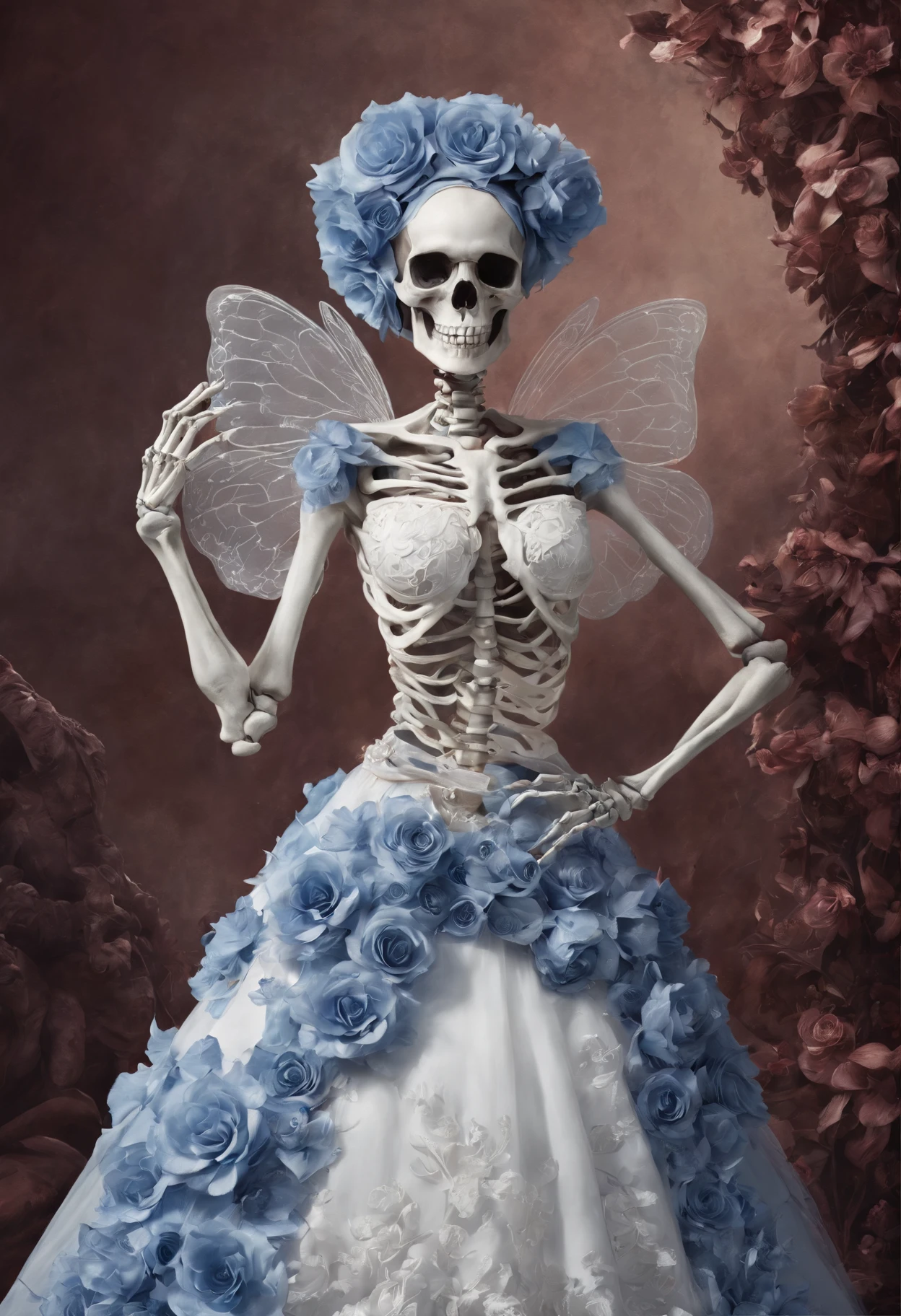 （Male skeleton wearing blue flowers on their heads and female skeleton wearing haute couture wedding dress), ((( Skeleton ))), （Half-body skeleton,）,（Haute couture wedding dress blends perfectly with cutouts：1.1） , Love and death, （Tutu dress：1.1），（flowers grow from the body：1.37）, （Perfect haute couture wedding dress）（Hand and face skeletons：1.37）, skullgirls, ska skeleton and girlfriend,, （Hug pose：1.37）, skull bones flowers, Pedras preciosas，fresh flowers，butterflys，Butterfly,
surrealism,Imaginative,Fever-Dream,impossible,Dark fantasy,Bejeweled,Ultra-sharp details
background：Red Planet